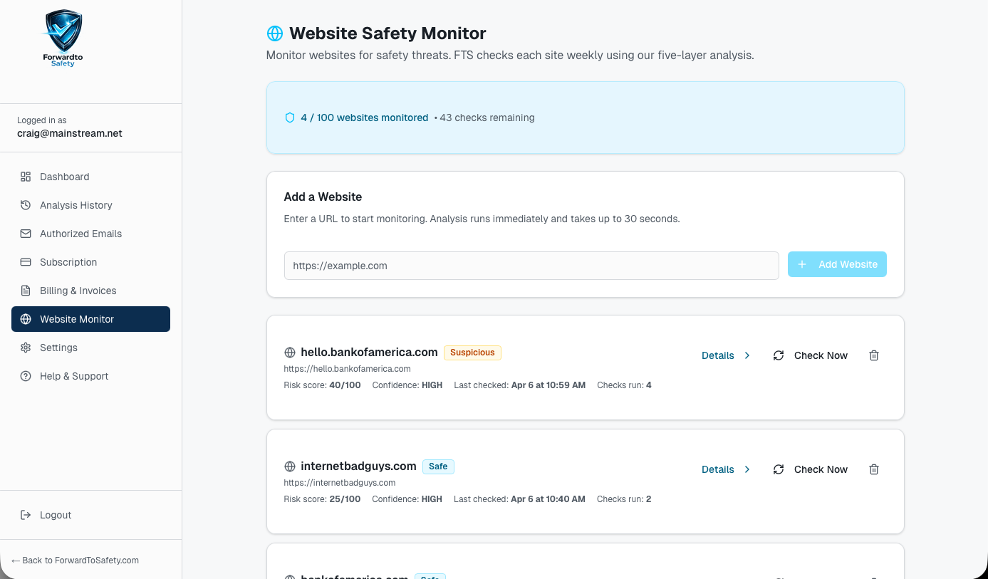 Website Safety Monitor dashboard showing monitored websites with safety status, risk scores, and Check Now buttons